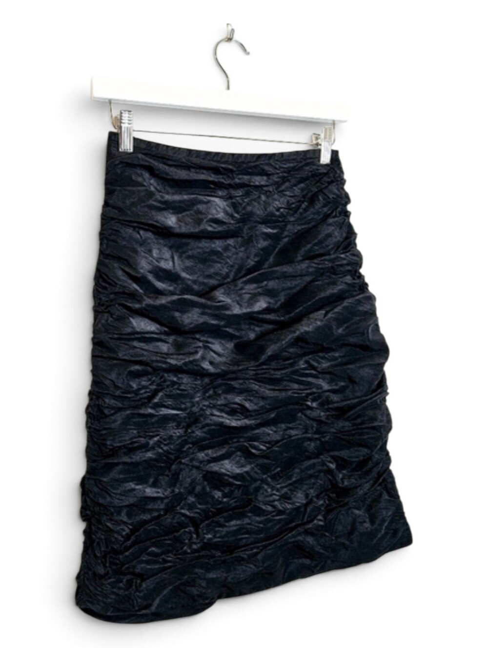 Rickie Freeman Teri Jon Silk Ruched Pencil Skirt 4 Vintage Y2K Black Midi Wiggle